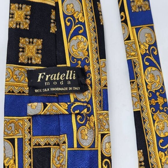 FRATELLI MODA ITALY HANDMADE SILK TIE GOLD BLUE BLACK BAROQUE LUXURY 4" X 60" - Picture 3 of 3